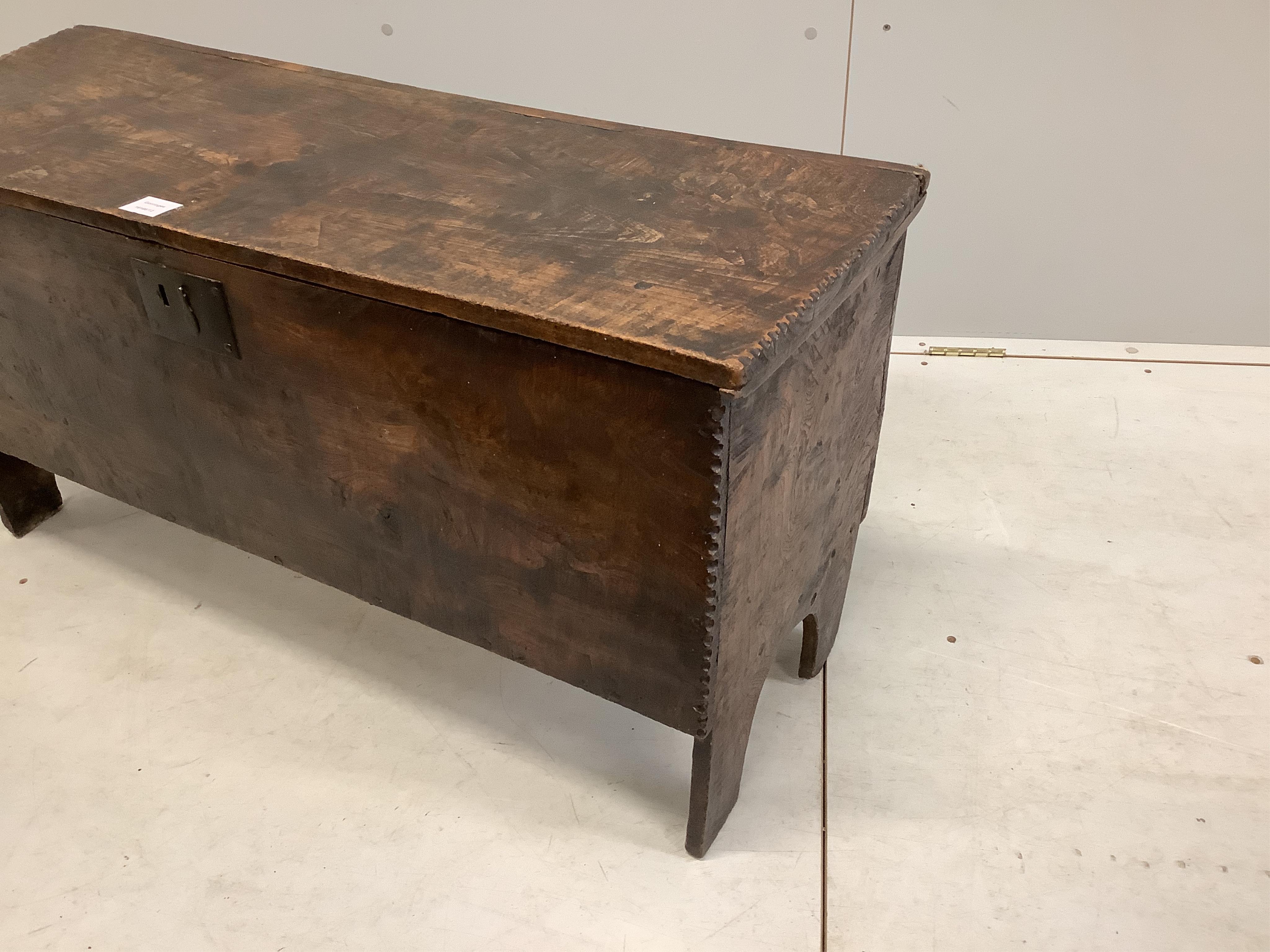 A late 17th century elm six plank coffer, width 102cm, depth 36cm, height 55cm. Condition - poor to fair